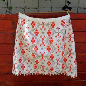 Anthropologie White and Red Embroidered Boho Skirt